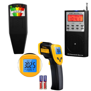 Images of infrared thermometer, spirit box, and emf detector