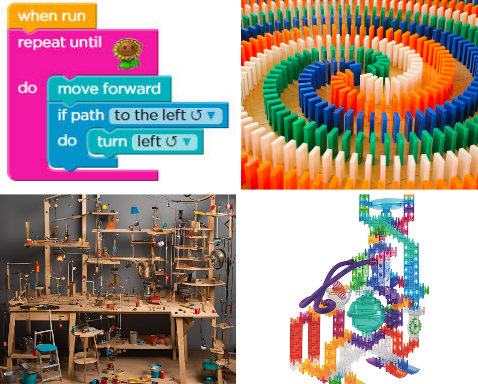 Photo collage with four photos depicting block coding, domino fall, Rube Goldberg Machine, and a marble run toy set. 